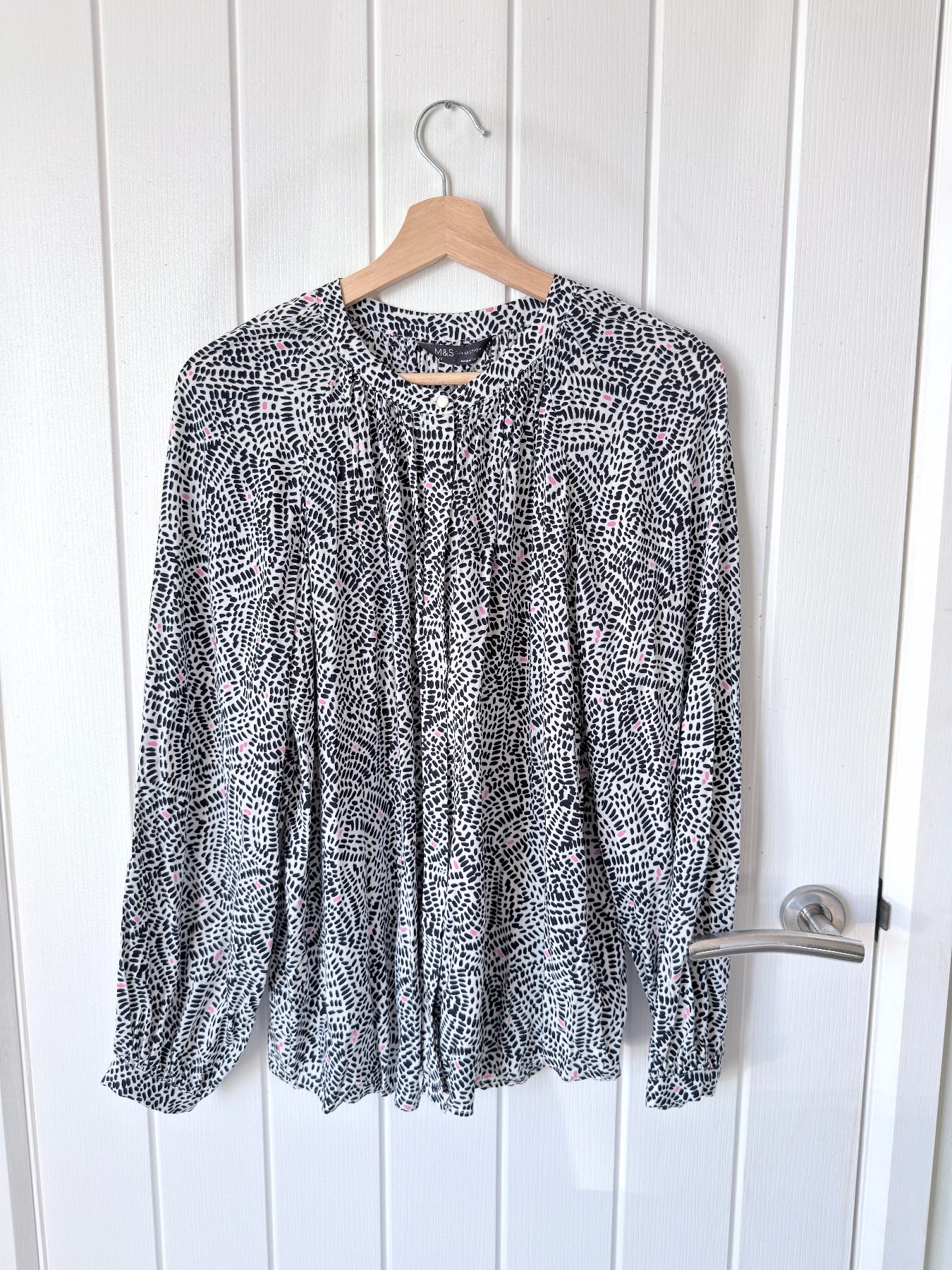 M&S Collection Ivory Black Pink Dash Print Long Sleeve Blouse Top UK 12 BNWT