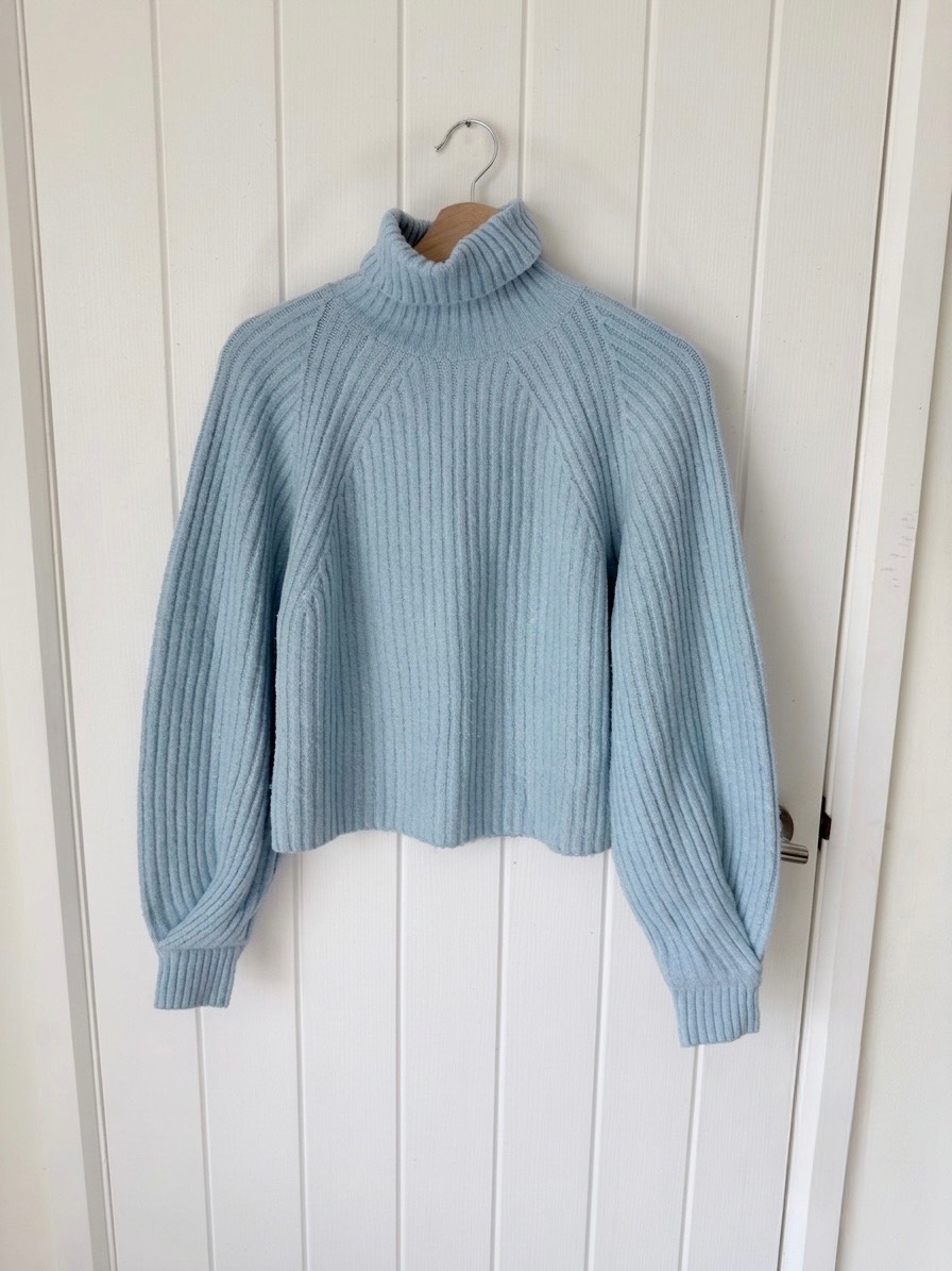 Missguided Petite Light Blue Ribbed Roll Neck Jumper Balloon Sleeve Size UK 6/8
