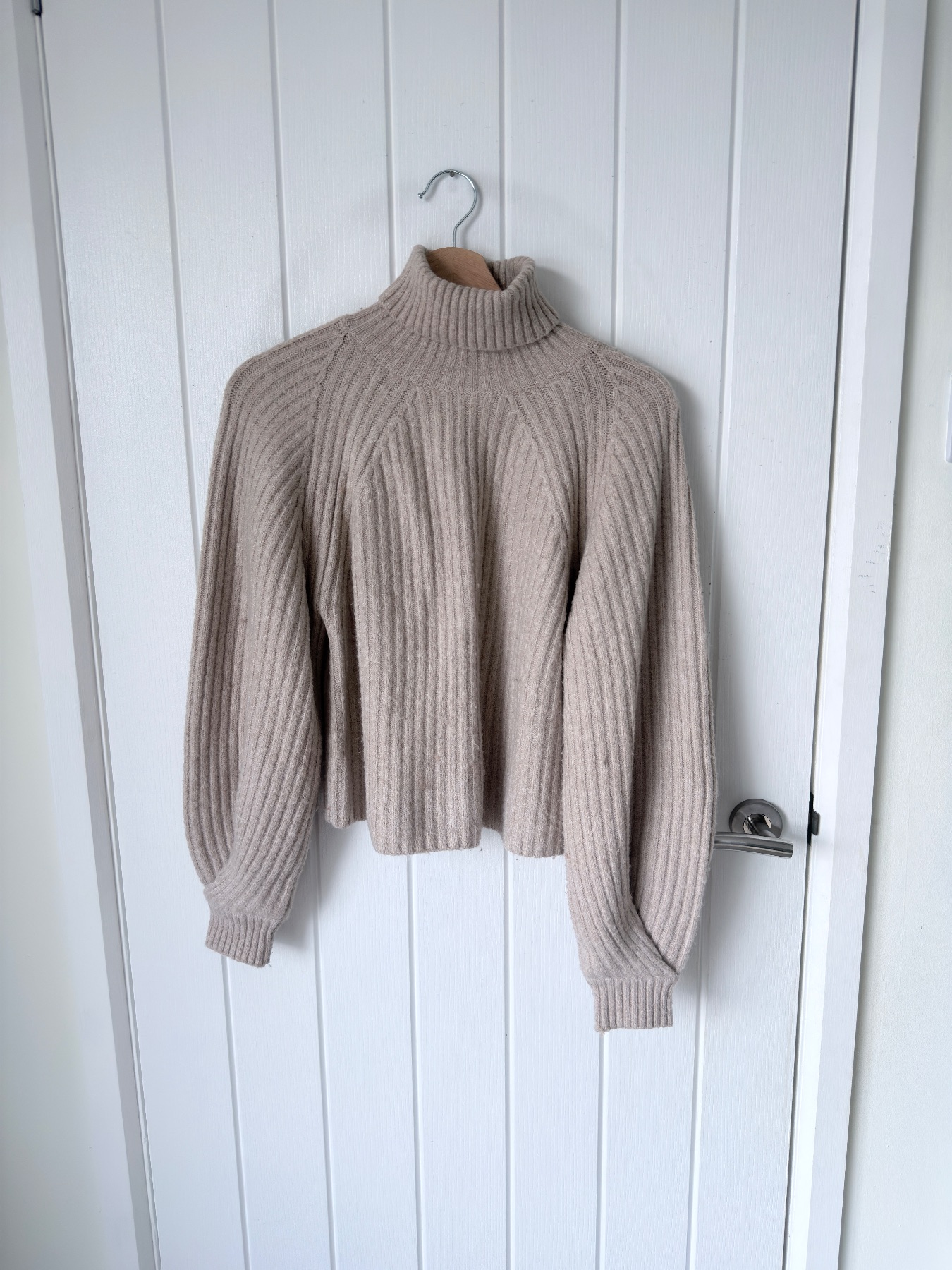 Missguided Petite Beige Ribbed Roll Neck Jumper Balloon Sleeve Size UK 6/8