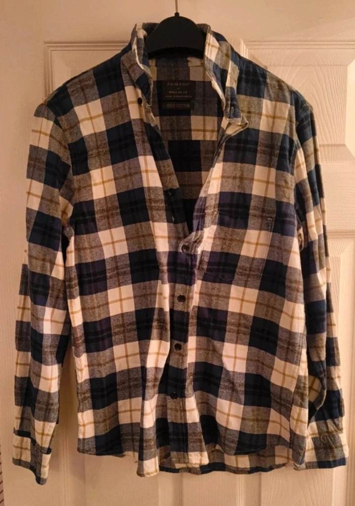Primark Mens Regular Fit Medium Checked Long Sleeve Shirt Blue & White