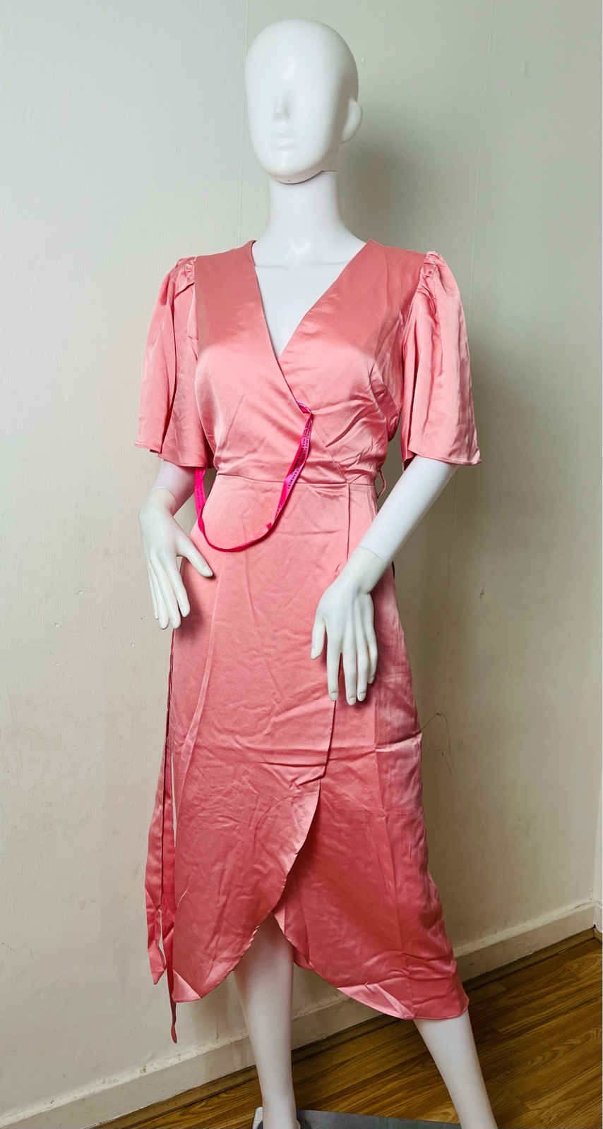 Liquorish Bridesmaid satin wrap front midaxi dress in soft rose pink