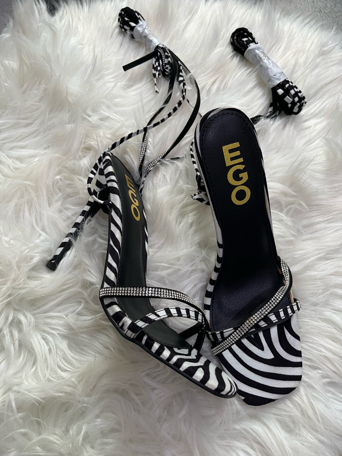 Ego oakley heeled sandals with diamanté ankle tie in zebra