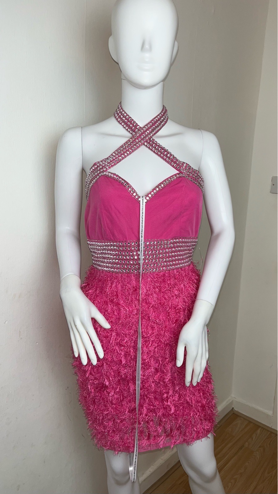 Starlet high neck embellished faux feather mini dress in hot pink