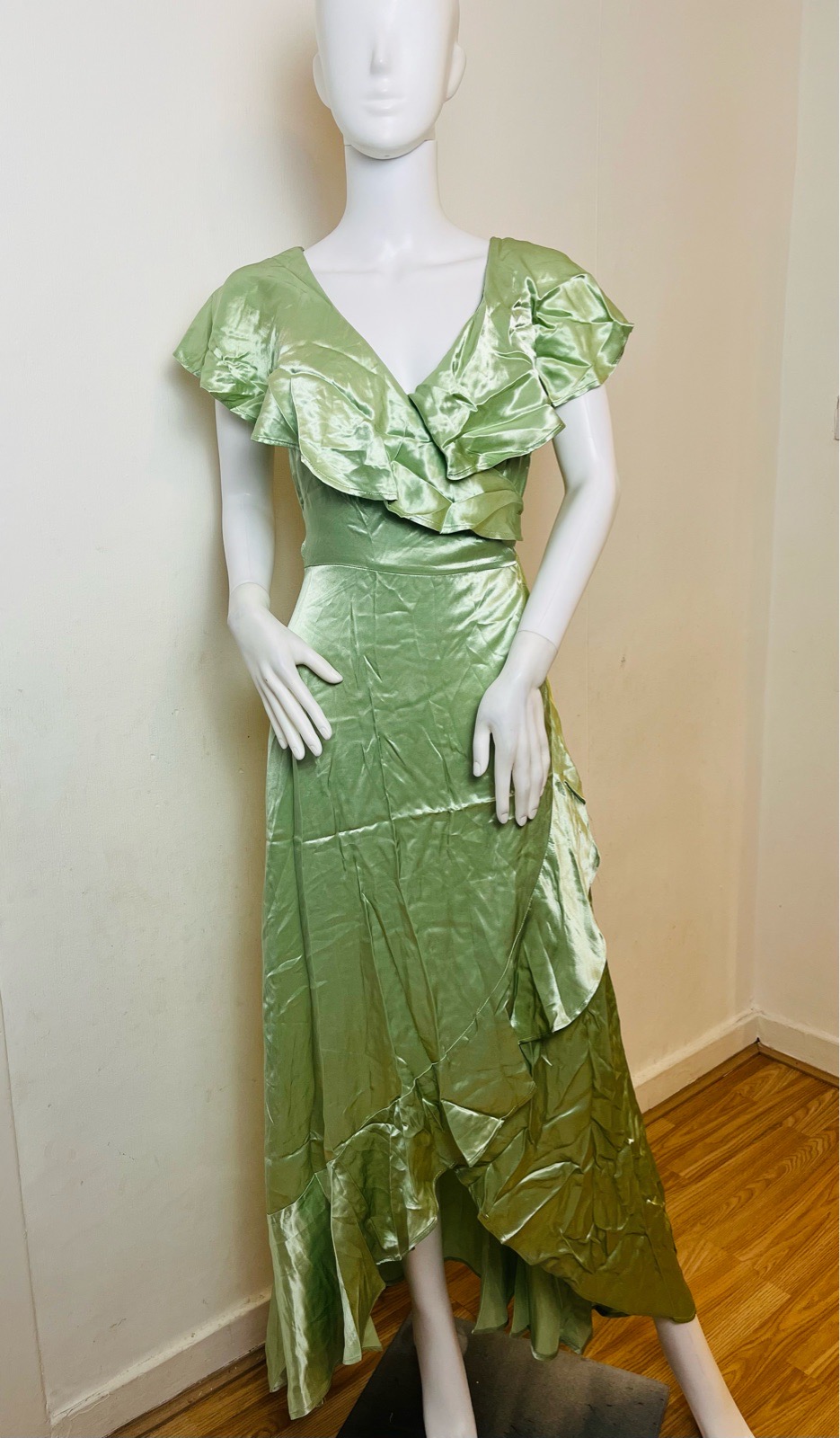 Topshop bridesmaid satin frill wrap dress in green