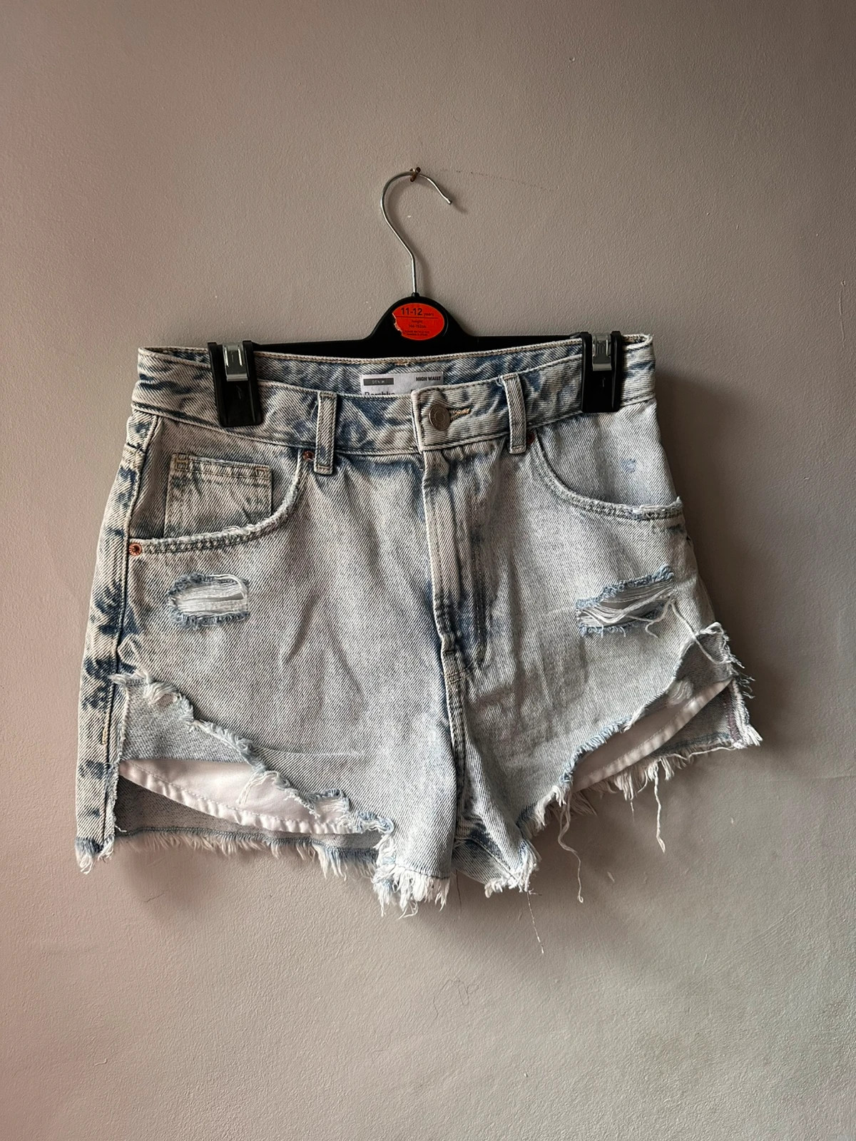 Bershka Light Acid Wash Distressed Denim Shorts EUR 36 High Waist Frayed Hem