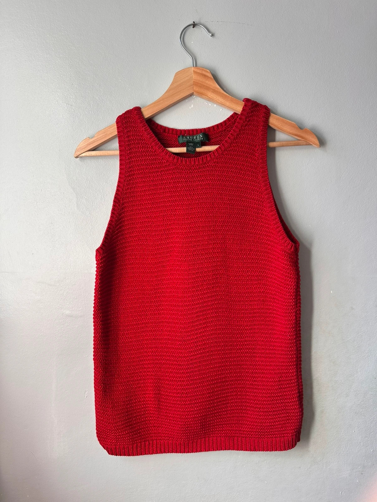 Lauren Ralph Lauren Red Knit Sleeveless Top L Tank Vest 100% Cotton