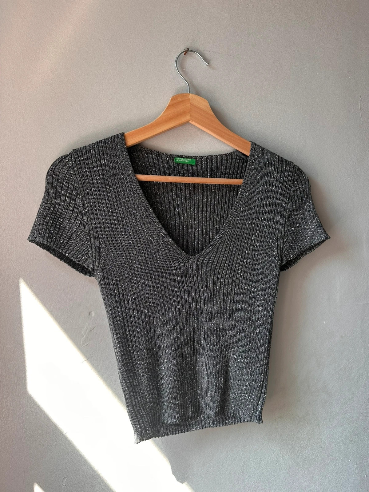 United Colors of Benetton Black Silver Lurex Ribbed Crop Top V-Neck