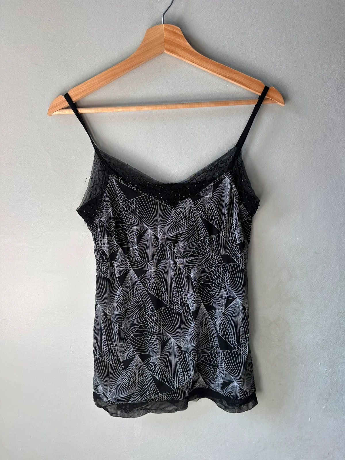 Lindex Black White Geometric Art Deco Cami Top Mesh Trim Size M