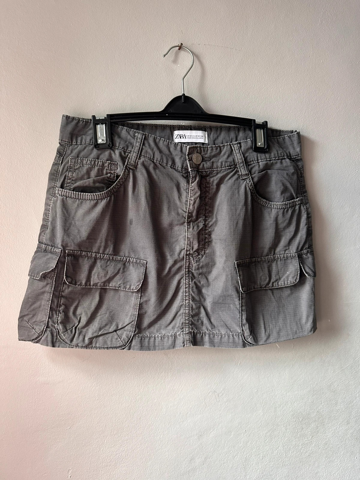 Zara Grey Cargo Mini Skirt M Y2K Utility Pockets Ribbed Fabric
