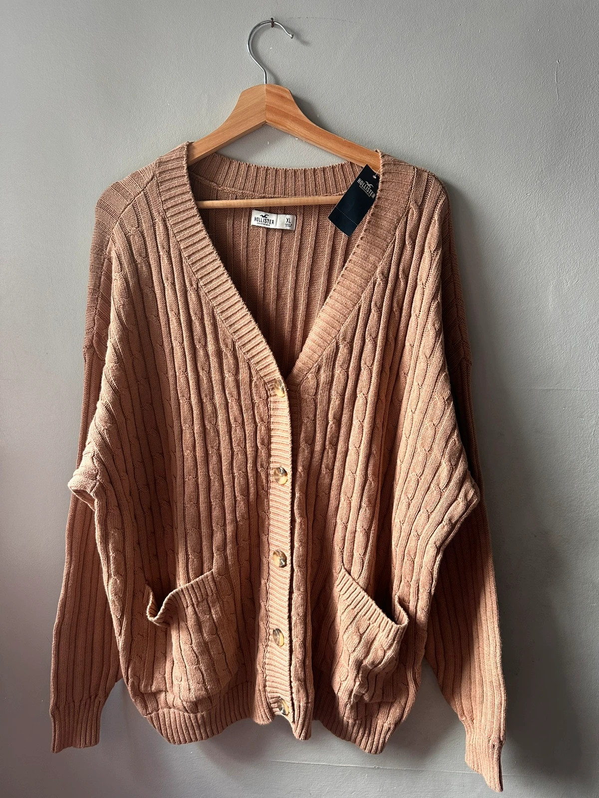 Hollister Camel Cable Knit Cardigan XL Oversized V-Neck Buttons Pockets BNWT