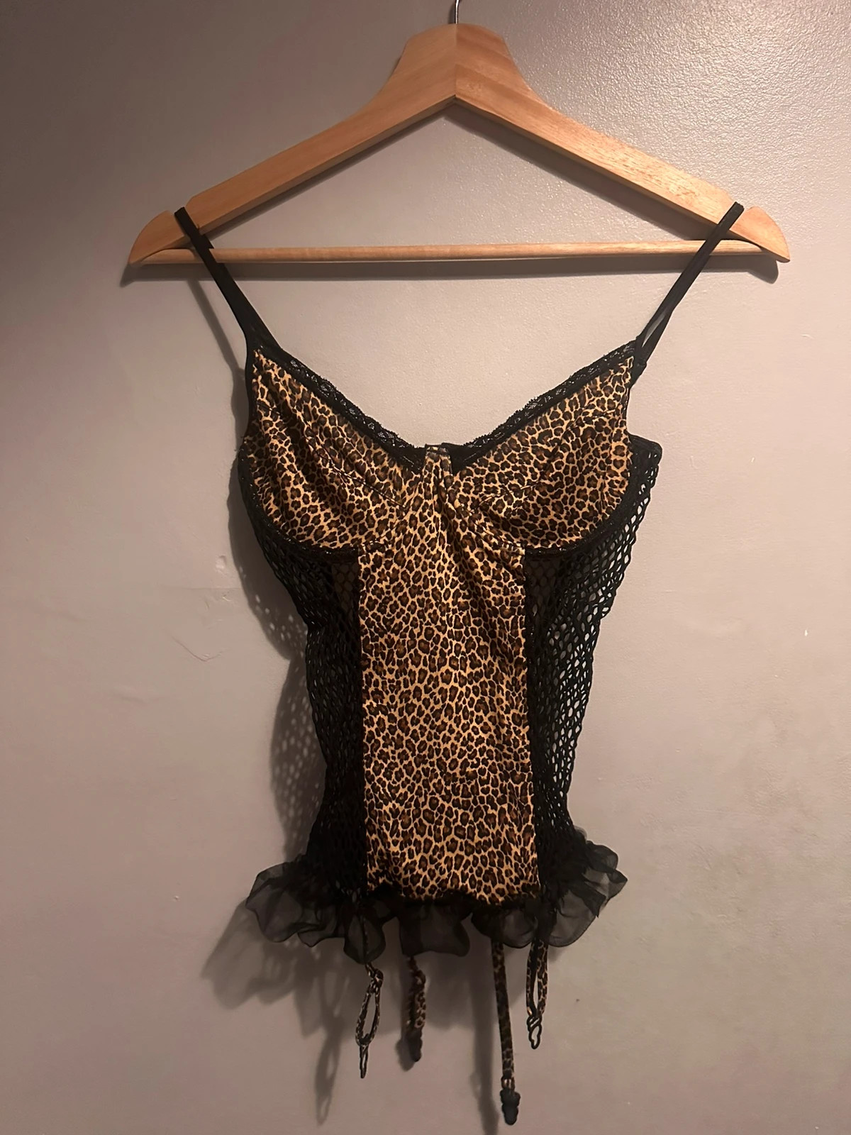 Leopard Print Satin & Fishnet Corset Top Suspender Straps Size 34B / UK 10–12