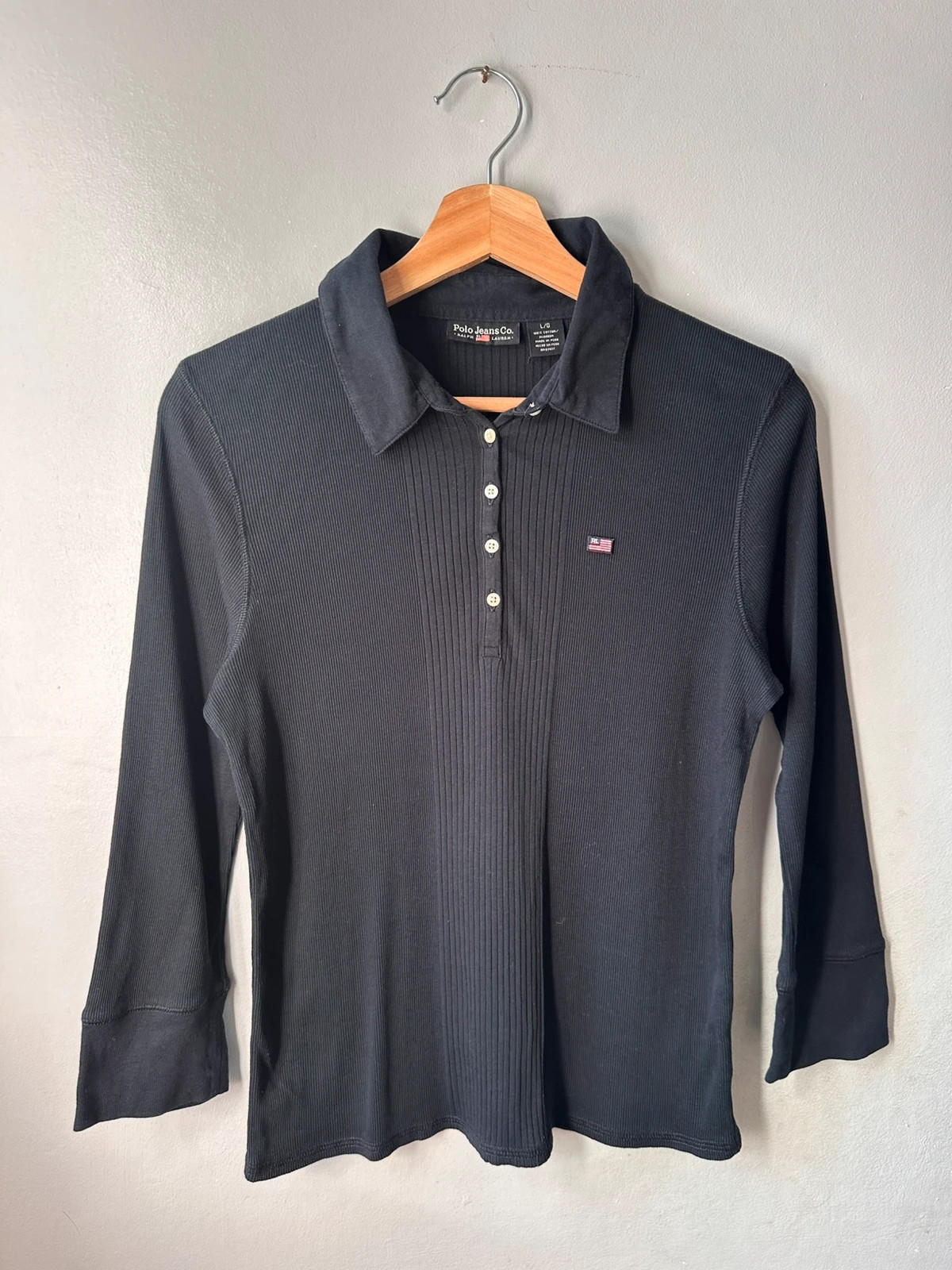 Polo Jeans Co Ralph Lauren Black Ribbed Polo Top L 3/4 Sleeve Flag Logo