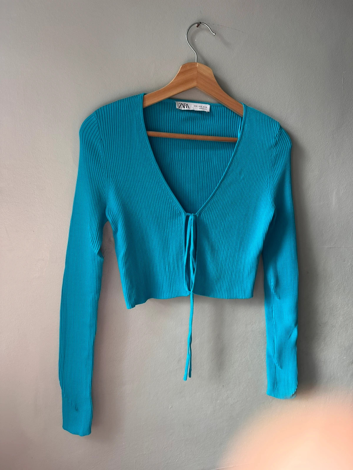 Zara Bright Blue Ribbed Crop Top | Size S | Tie Front Long Sleeve Knit