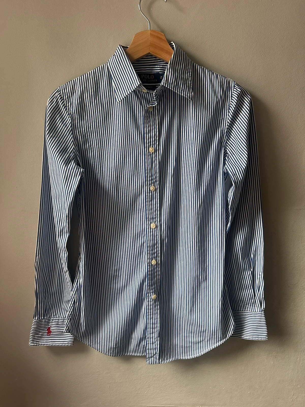 Polo Ralph Lauren Blue White Stripe Shirt Size 2 Custom Fit Red Pony Logo