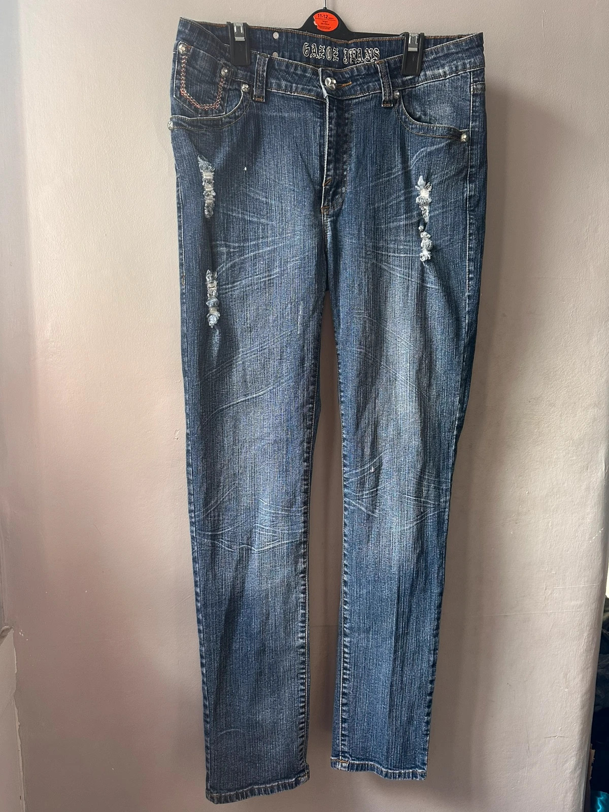 Y2K gazoz Blue Jeans Size 14 Distressed Zipped Pockets Embellished Denim