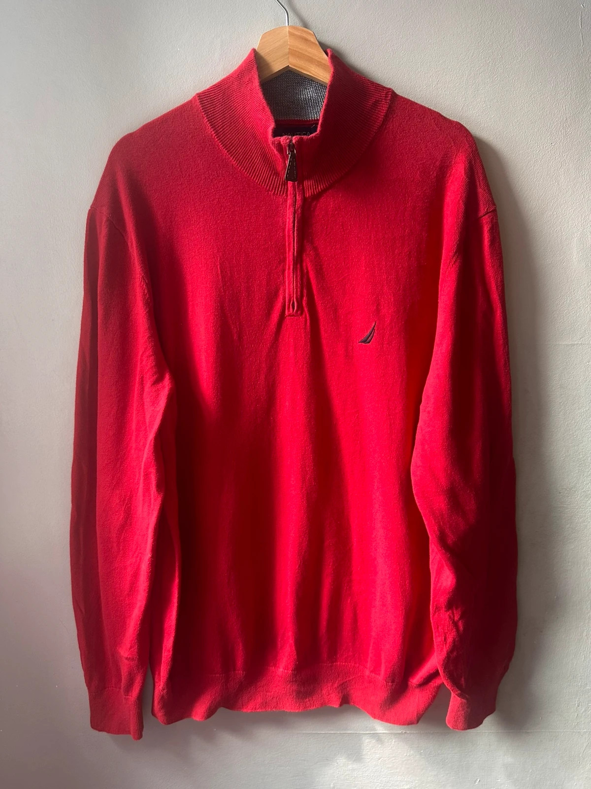 Nautica Red Quarter Zip Jumper Size XL Cotton Knit Sweater