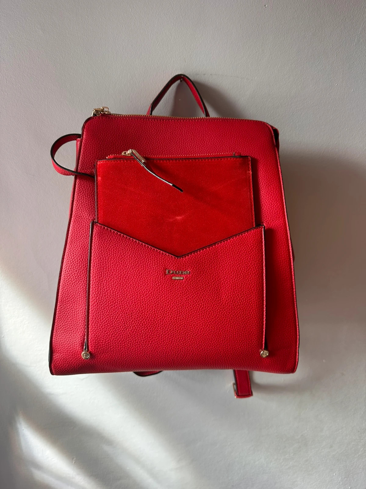 Dune London Red Backpack Detachable Pouch Faux Leather Gold Zip Bag