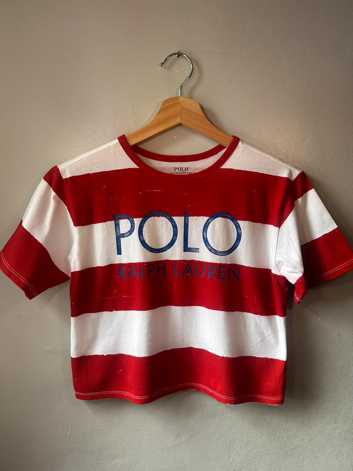 Polo Ralph Lauren Red White Stripe Cropped T-Shirt women’s M 8-10 Yrs Retro Tee