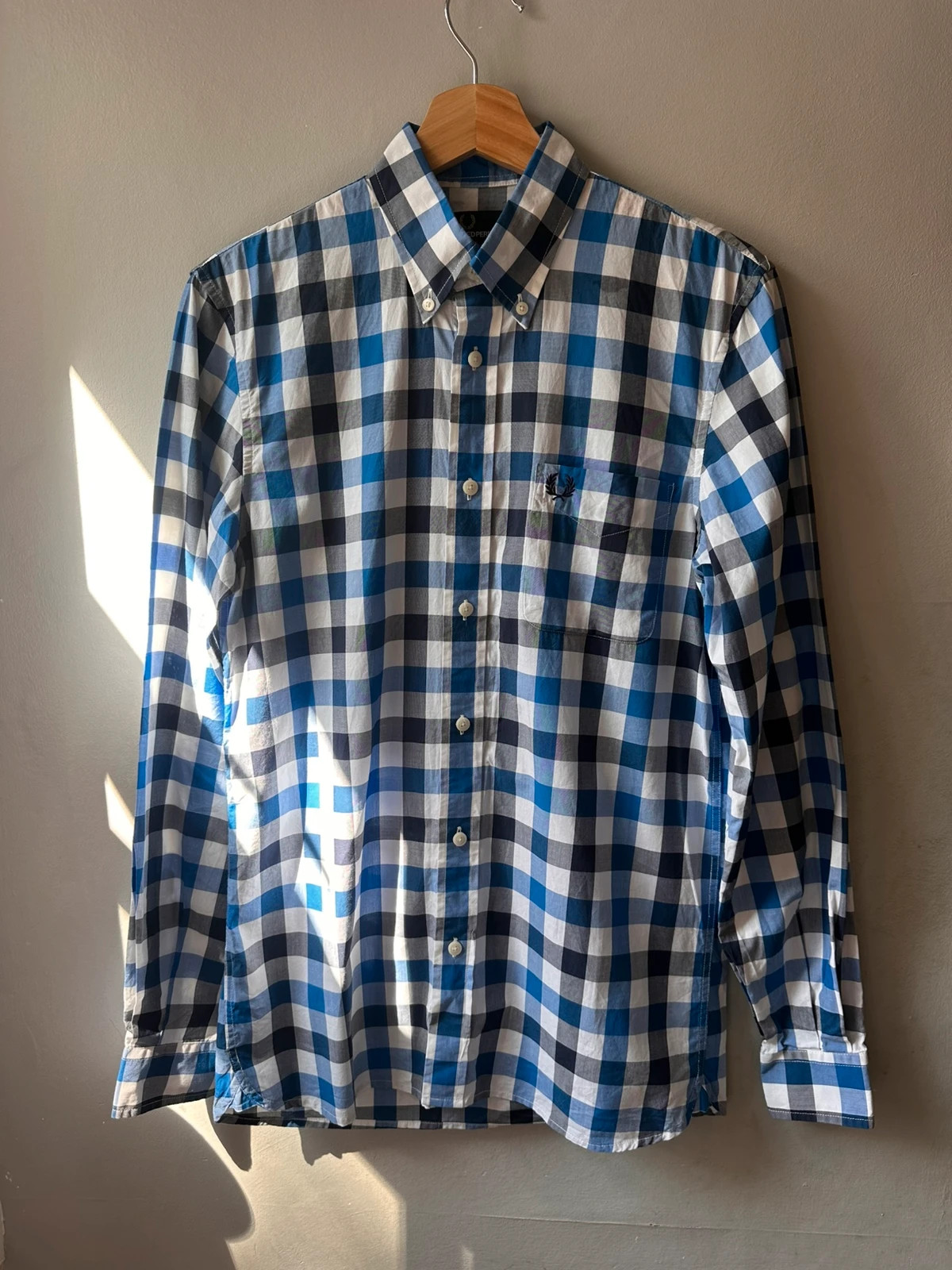 Fred Perry Gingham Shirt Size S Blue White Check Long Sleeve Button Down