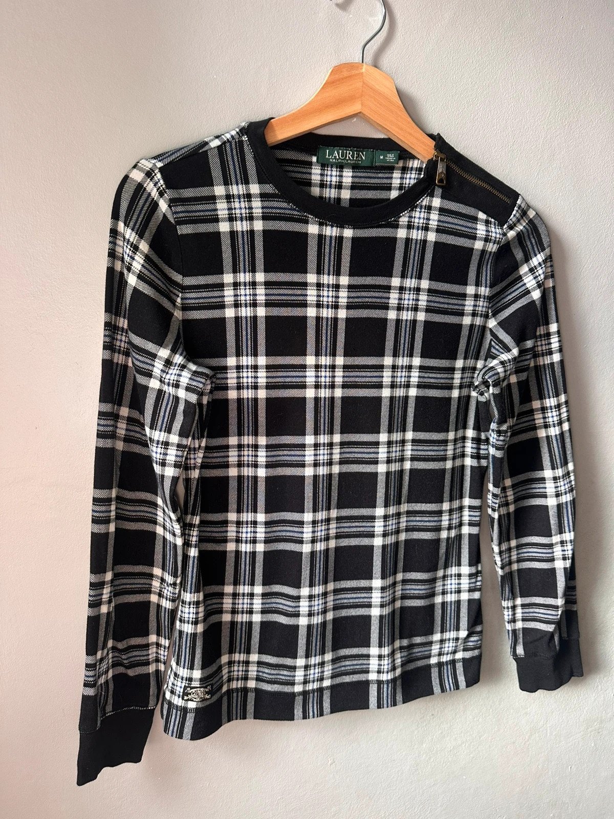 Lauren Ralph Lauren Tartan Top Size M Black White Plaid Zip Shoulder Elbow Patches