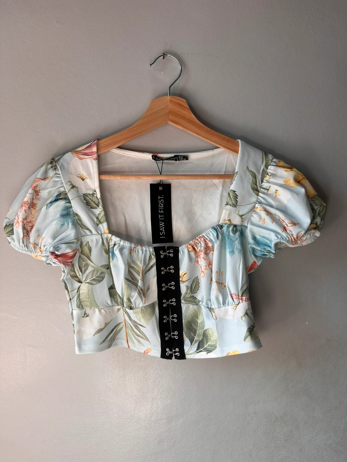 BNWT I Saw It First Blue Floral Puff Sleeve Corset Crop Top UK 10