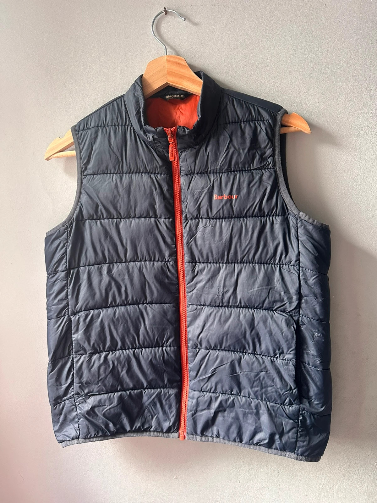 Barbour Fibredown Gilet XXL 14-15 Navy Orange Zip Quilted Bodywarmer