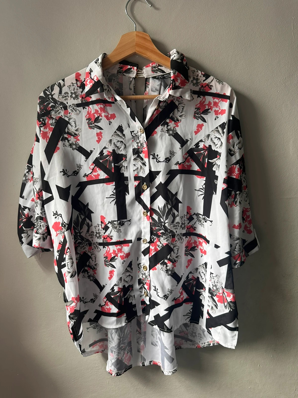 Select Floral Geometric Blouse UK 8 White Black Red Short Sleeve Shirt
