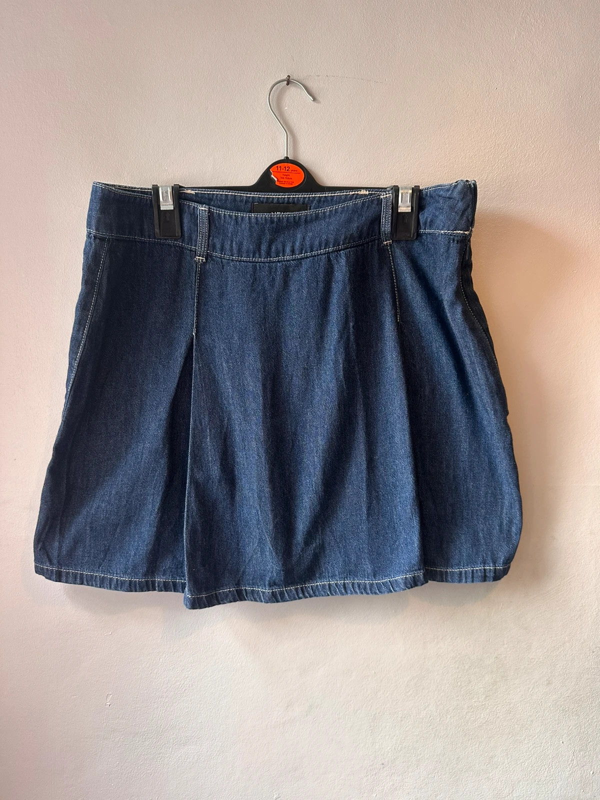 NEXT Dark Blue Denim Pleated Mini Skirt Size 12 Side Zip Short A-Line