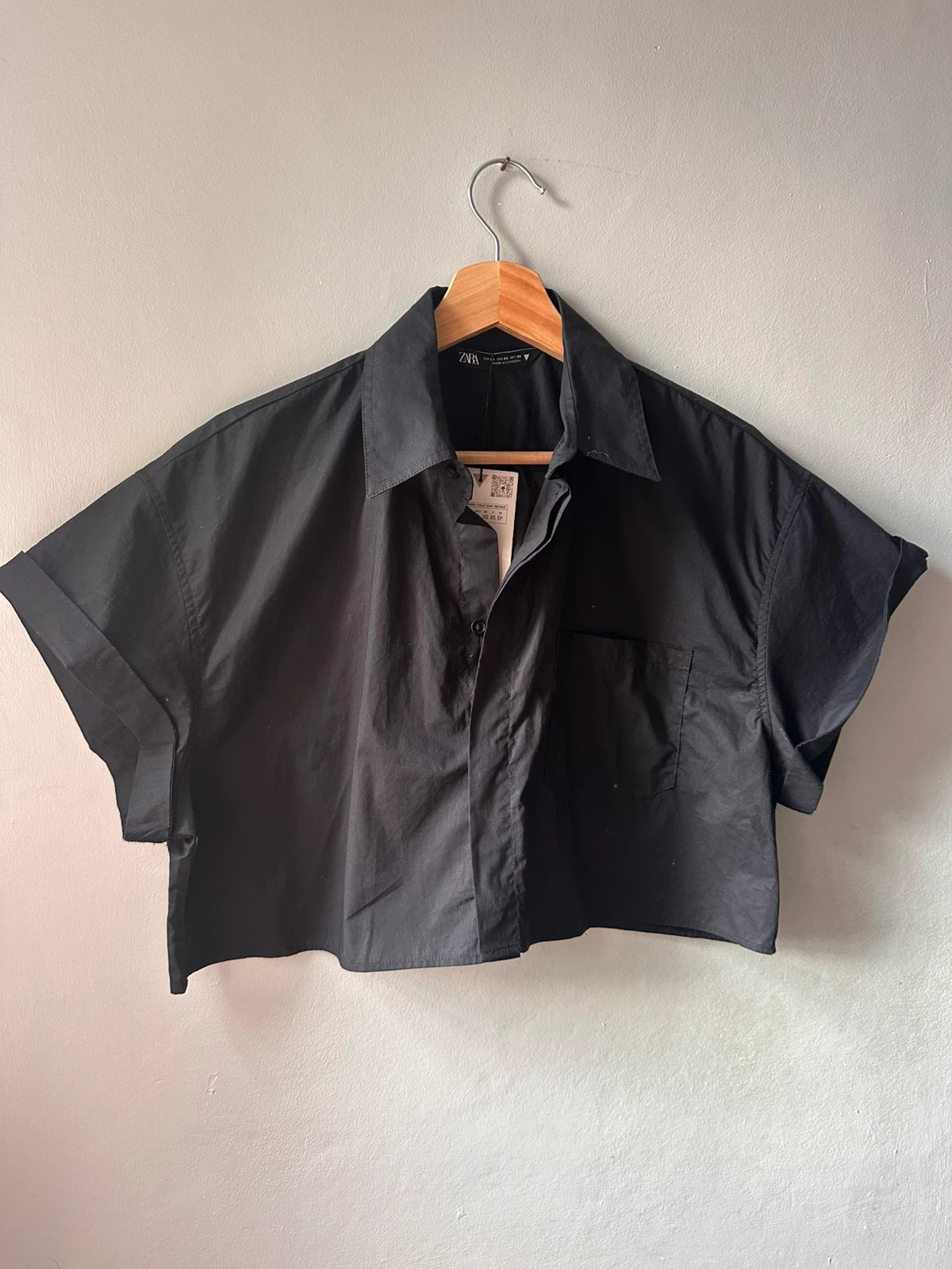 Zara Black Cropped Shirt XS Short Sleeve Oversized Button Up BNWT