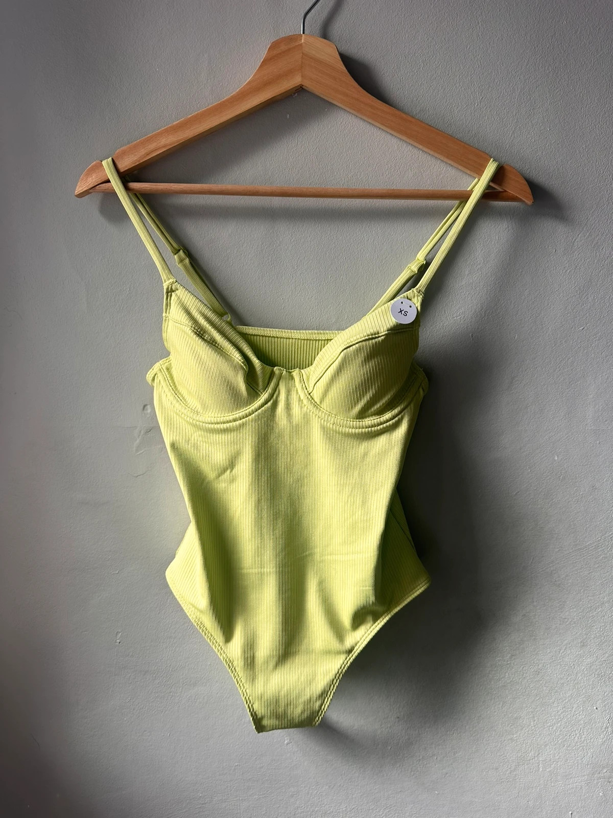 Monki Lime Green Ribbed Bodysuit Size XS Double Strap Bustier Style BNWT