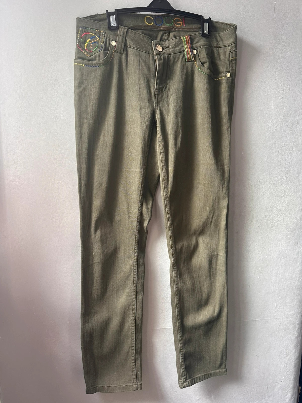 Y2K coogi Olive Green Jeans Rainbow Embroidered Logo Zip Ankle Size 14