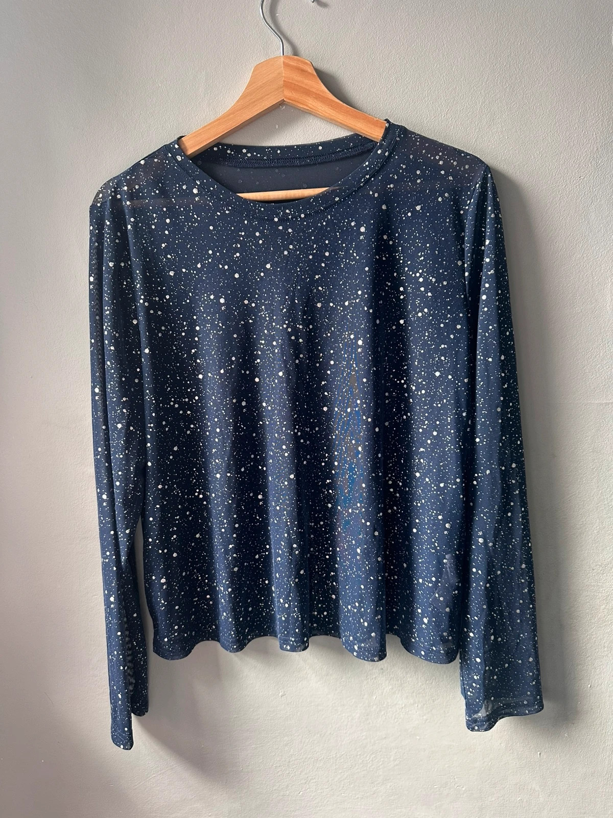 Shein Navy Starry Mesh Top Size XL Silver Sparkle Long Sleeve Sheer Blouse
