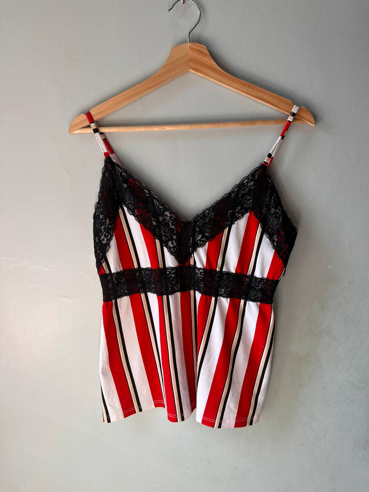 Jennyfer Red White Stripe Lace Trim Cami Top Size S / UK 8–10