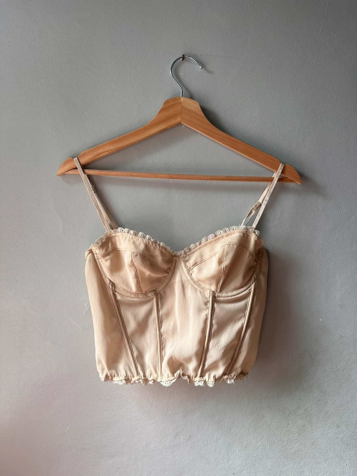 Musera Beige Corset Crop Top | Size M | Lace Trim Zip Back Bralette