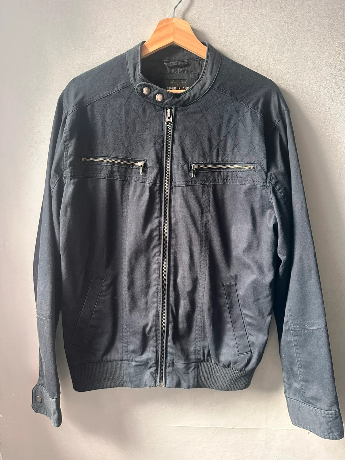 River Island Black Bomber Jacket Size L Quilted Biker Style Zip Up Coat