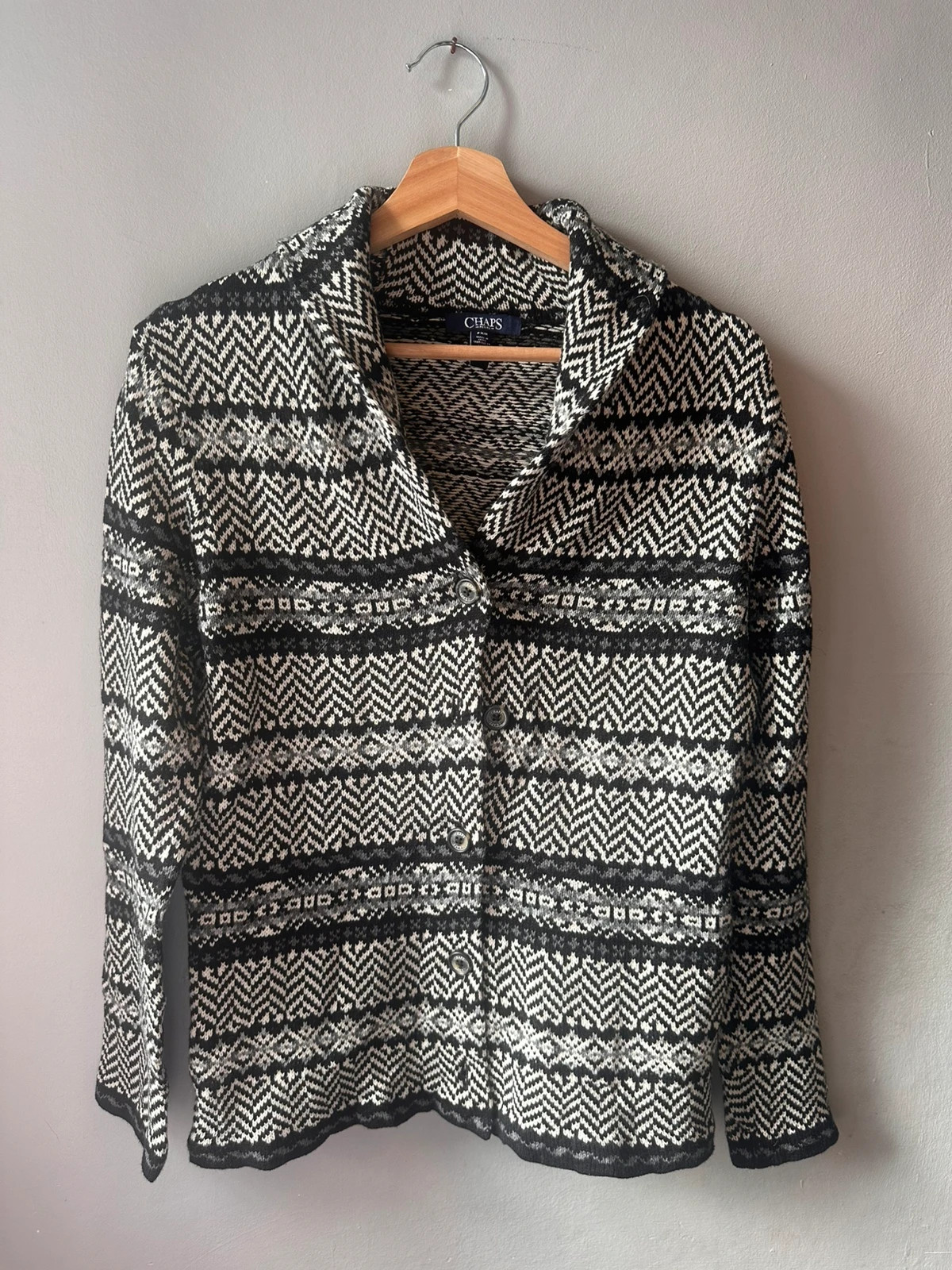 Chaps Fair Isle Cardigan Size M Petite Black White Knit Button Up Jacket