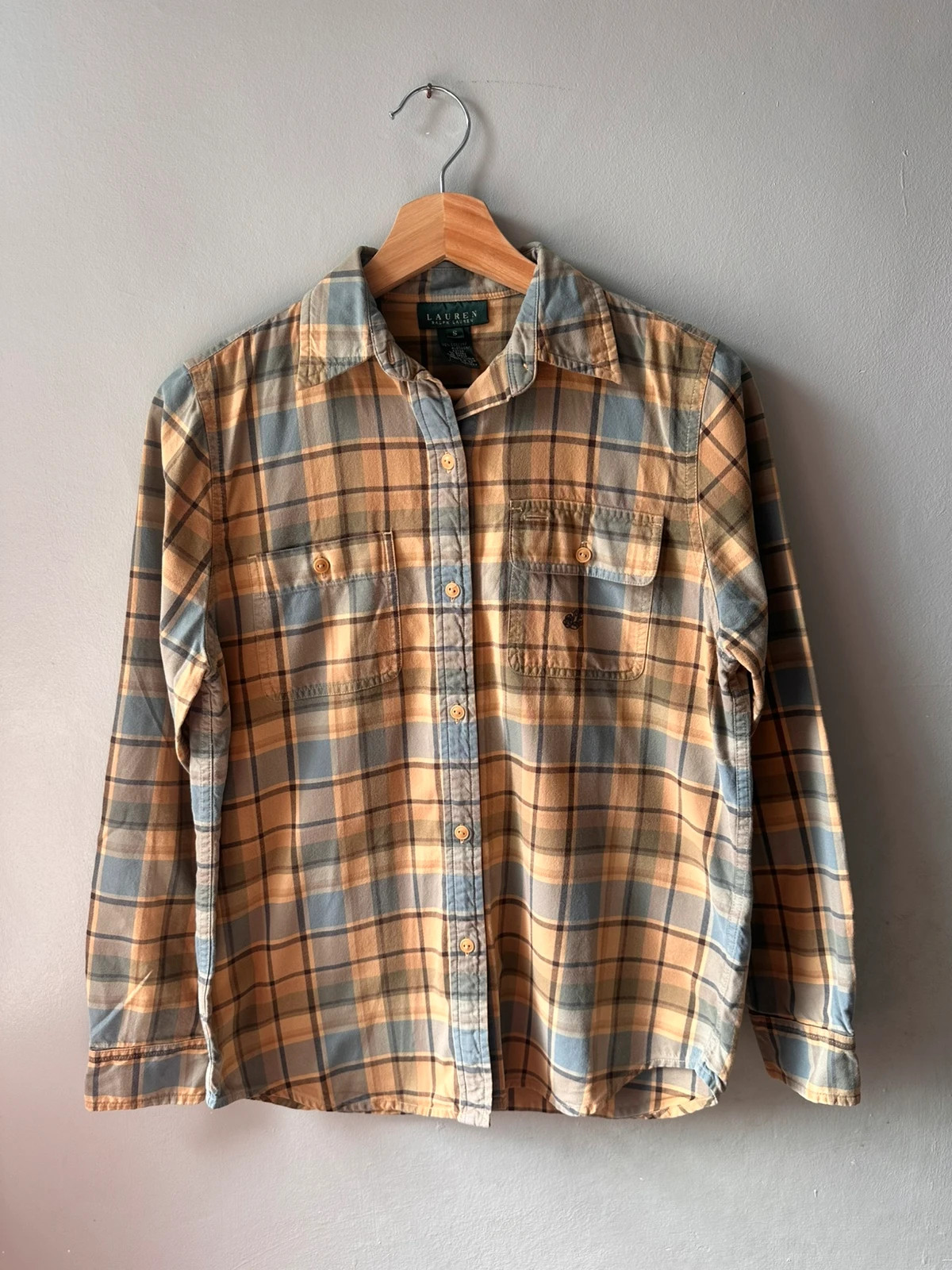 Lauren Ralph Lauren Plaid Shirt | Size S | Mustard Blue Check 100% Cotton