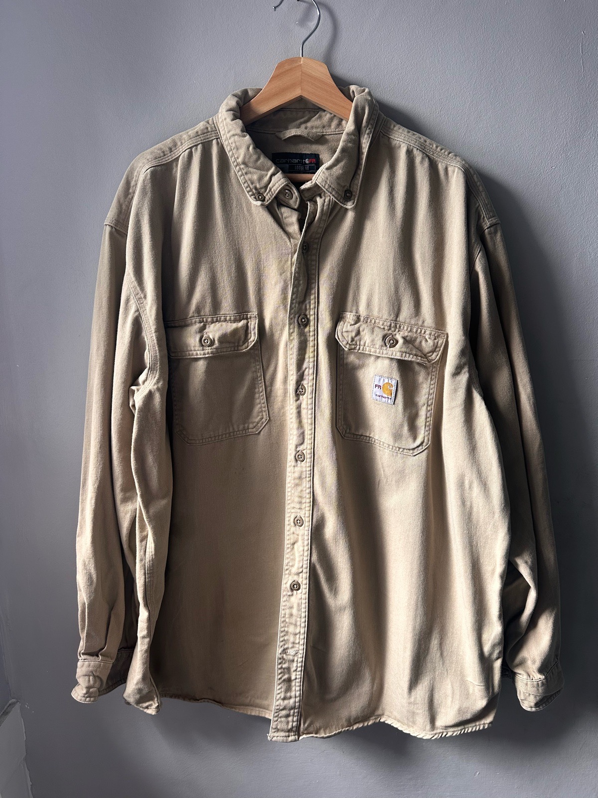 Carhartt FR Shirt 2XL Beige Tan Loose Fit Flame Resistant Workwear Heavy Duty