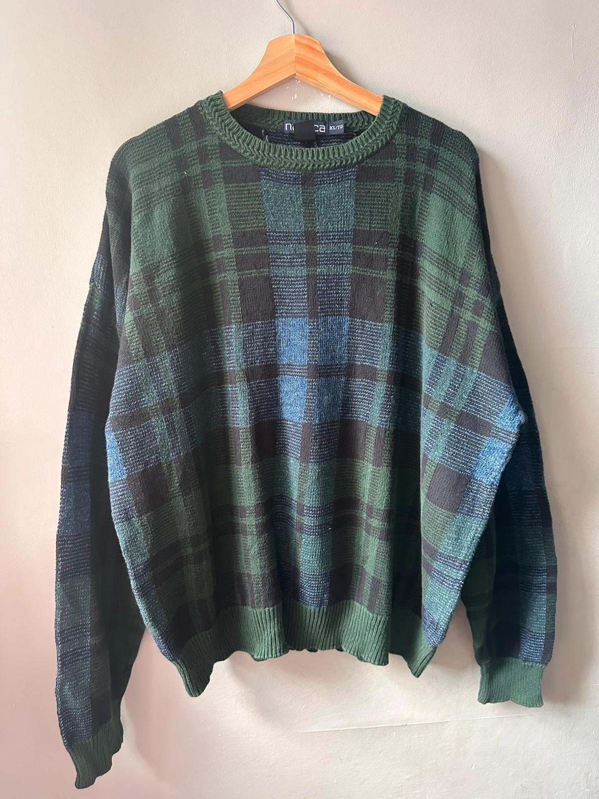 Nautica Green Black Tartan Plaid Jumper XL Crew Neck Vintage Cotton Knit
