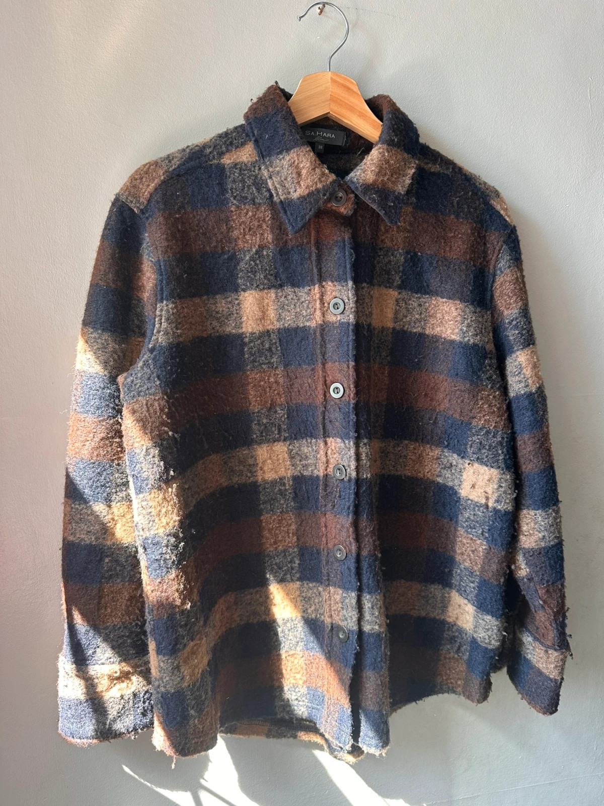 Sahara Brown Navy Check Wool Mix Shacket Shirt Jacket Size 38
