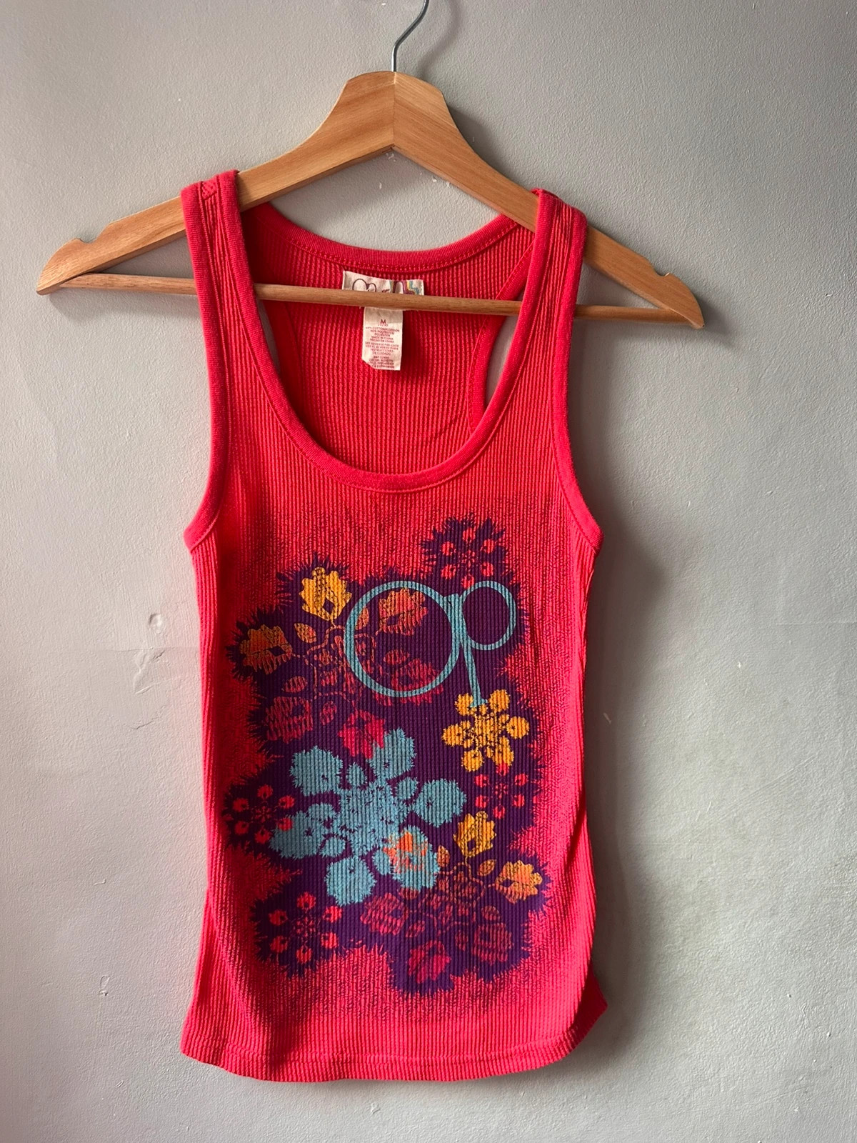Y2K Ocean Pacific OP Pink Ribbed Tank Top M 7-9 Retro Floral Logo Racerback Vest