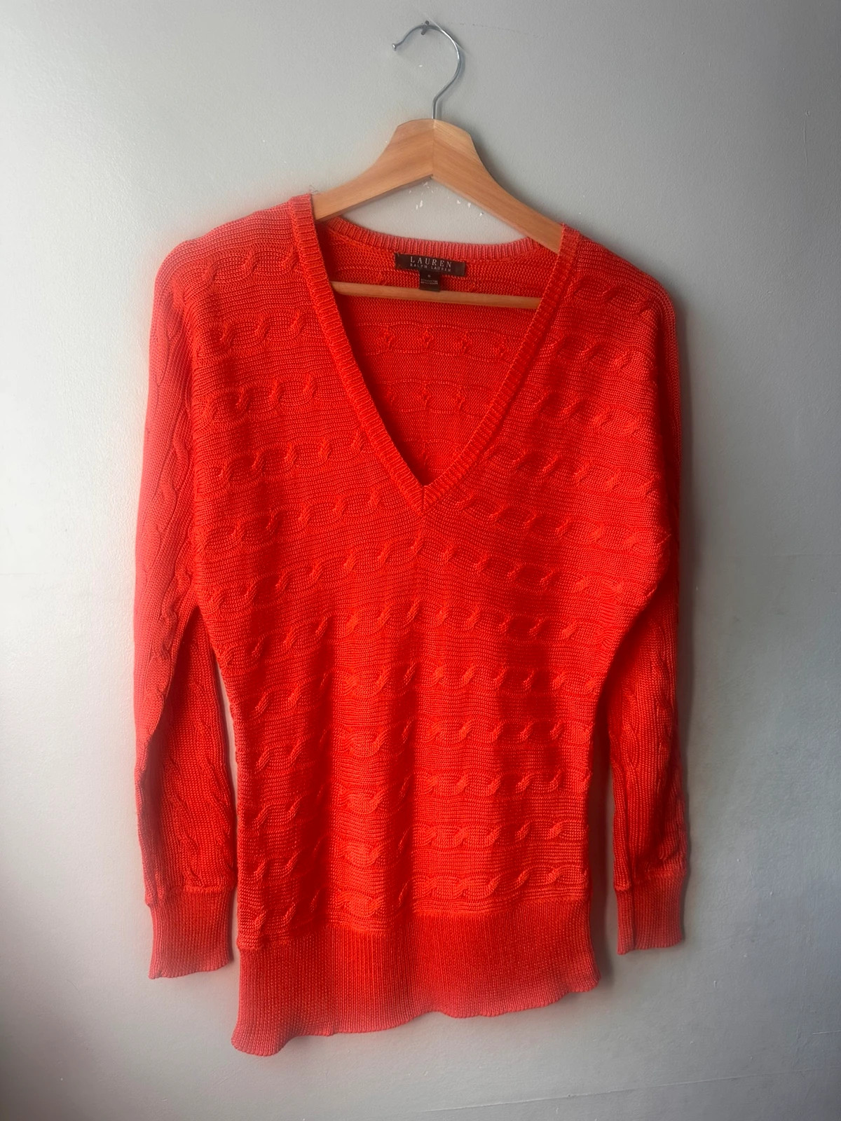 Lauren Ralph Lauren Orange Cable Knit Jumper S V-Neck Cotton Blend