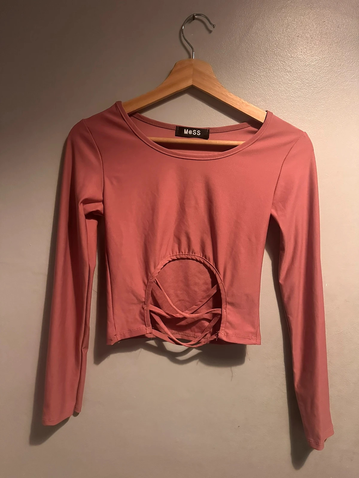 M@SS Dusty Rose Long Sleeve Cut Out Lace Up Back Crop Top Size S / UK 6–8