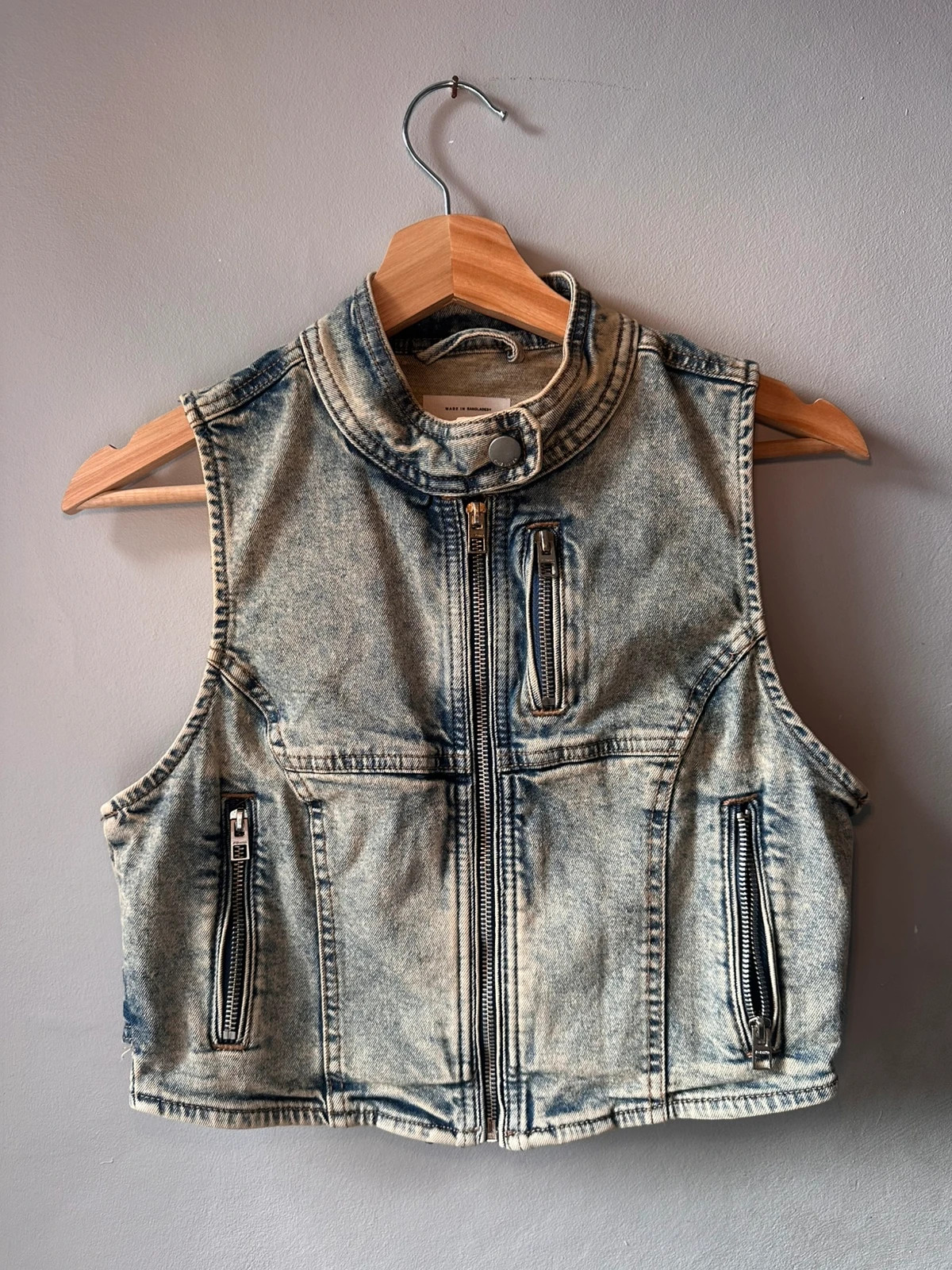 FB Sister Acid Wash Denim Gilet Size S Cropped Zip Biker Waistcoat
