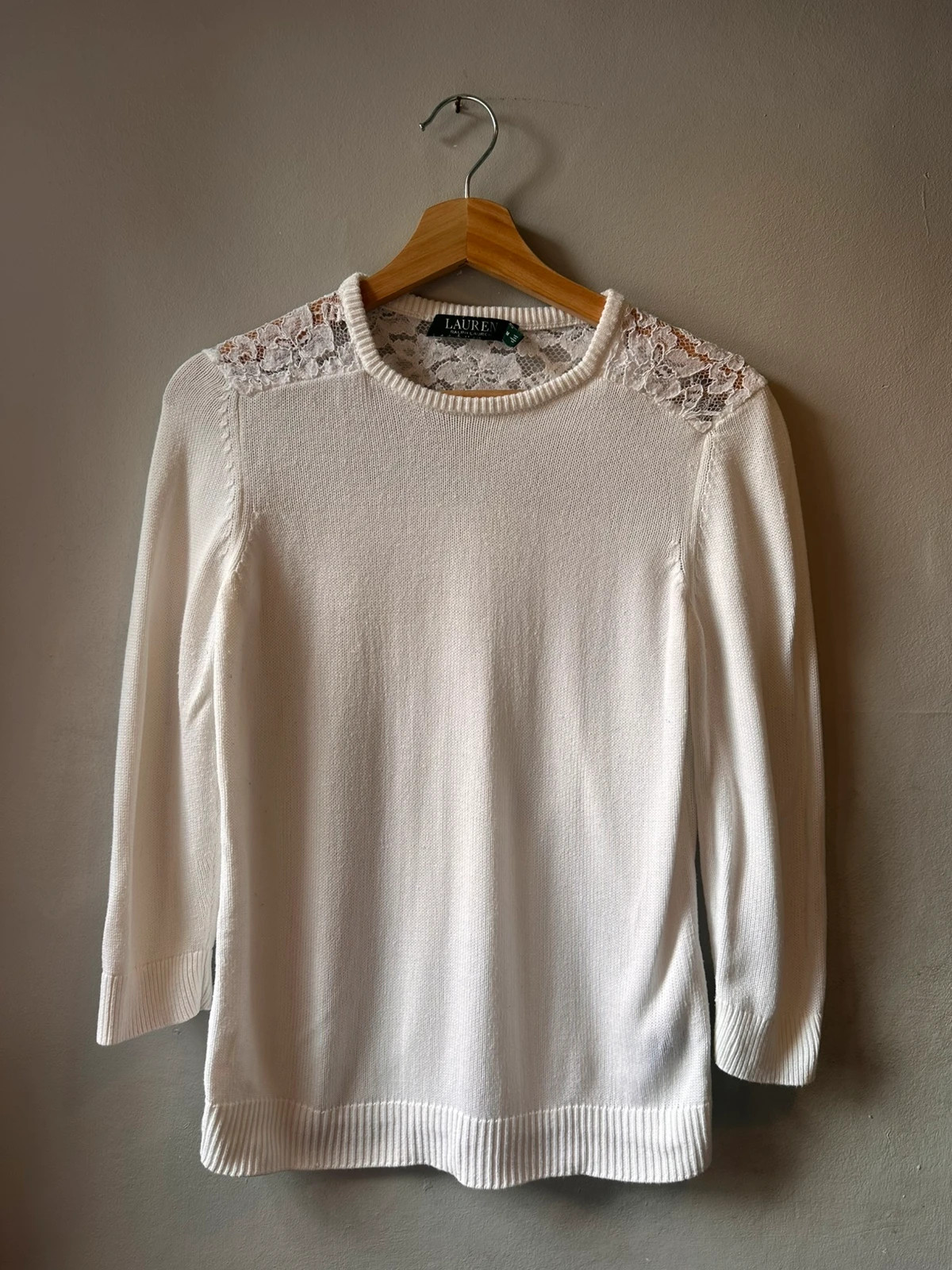 Women’s Lauren Ralph Lauren White Knit Jumper Size M Lace Shoulder 3/4 Sleeve