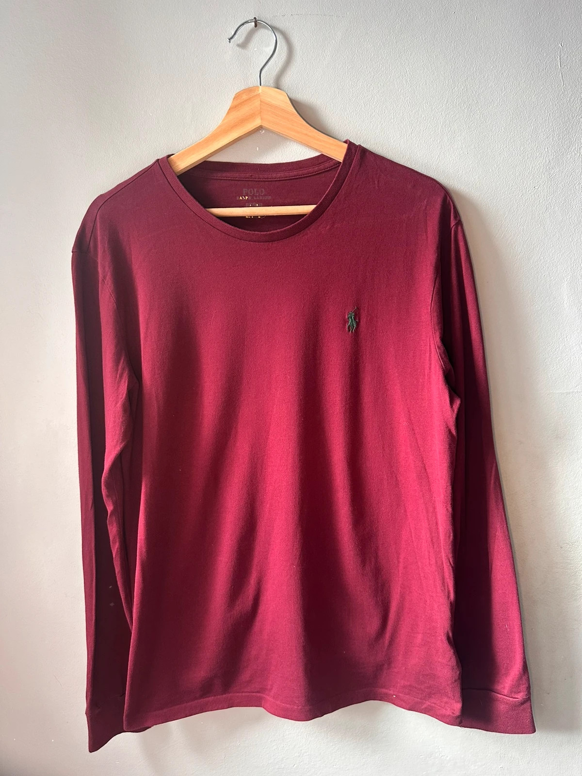 Polo Ralph Lauren Burgundy Long Sleeve T-Shirt Size M Green Pony Logo