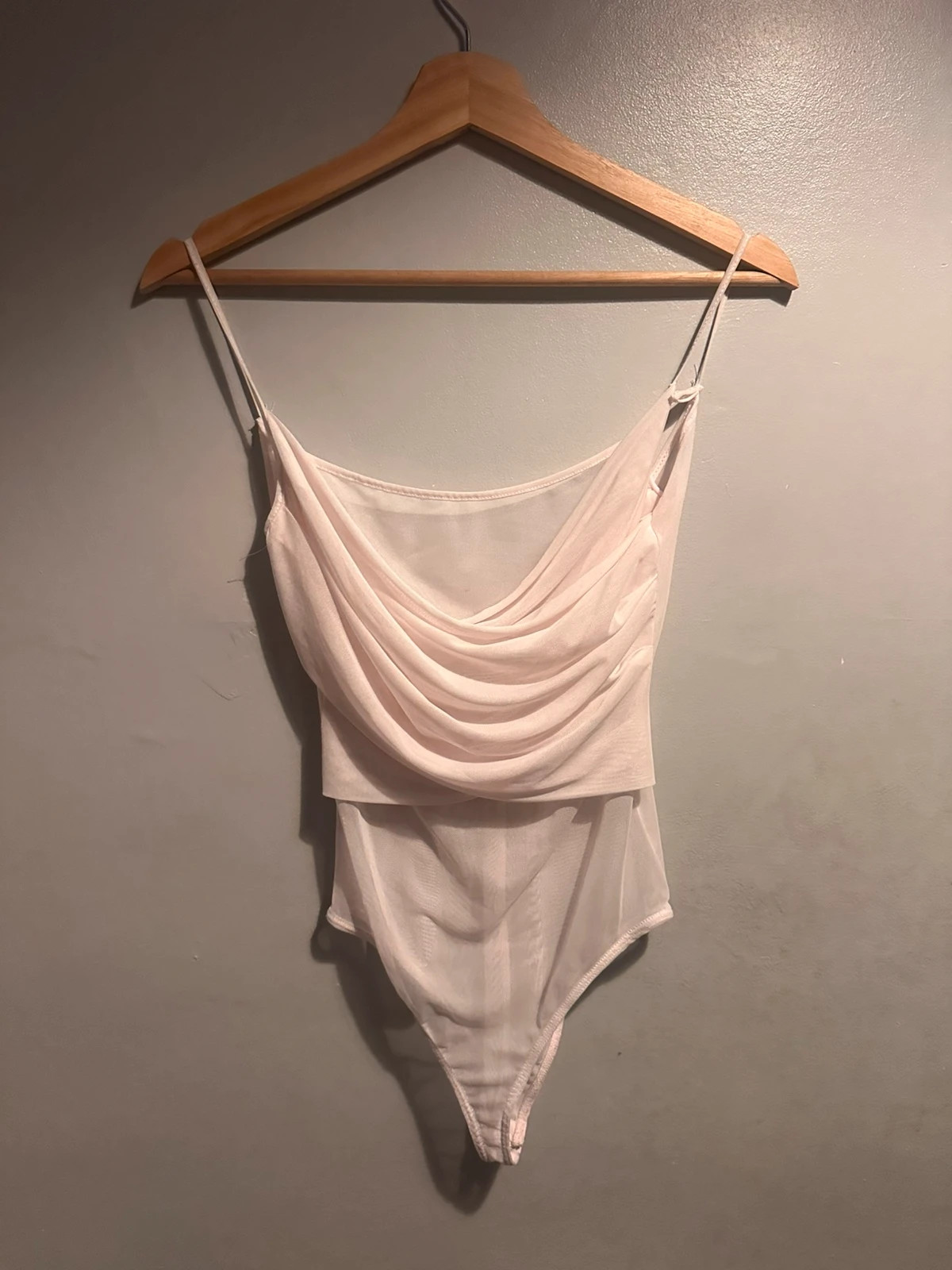 Zara Pale Pink Mesh Cowl Neck Bodysuit Adjustable Straps Size S