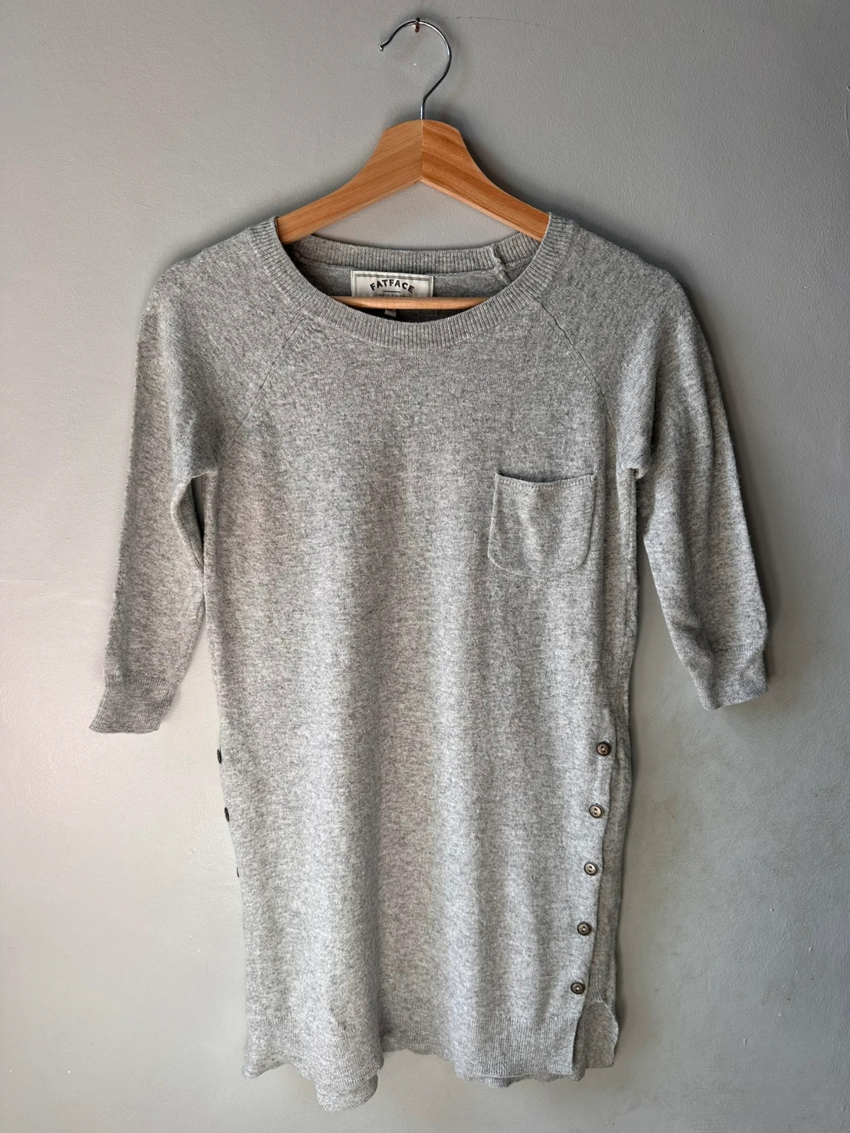 Fatface Grey Marl Knit Tunic Dress 3/4 Sleeve Button Side Detail UK 6