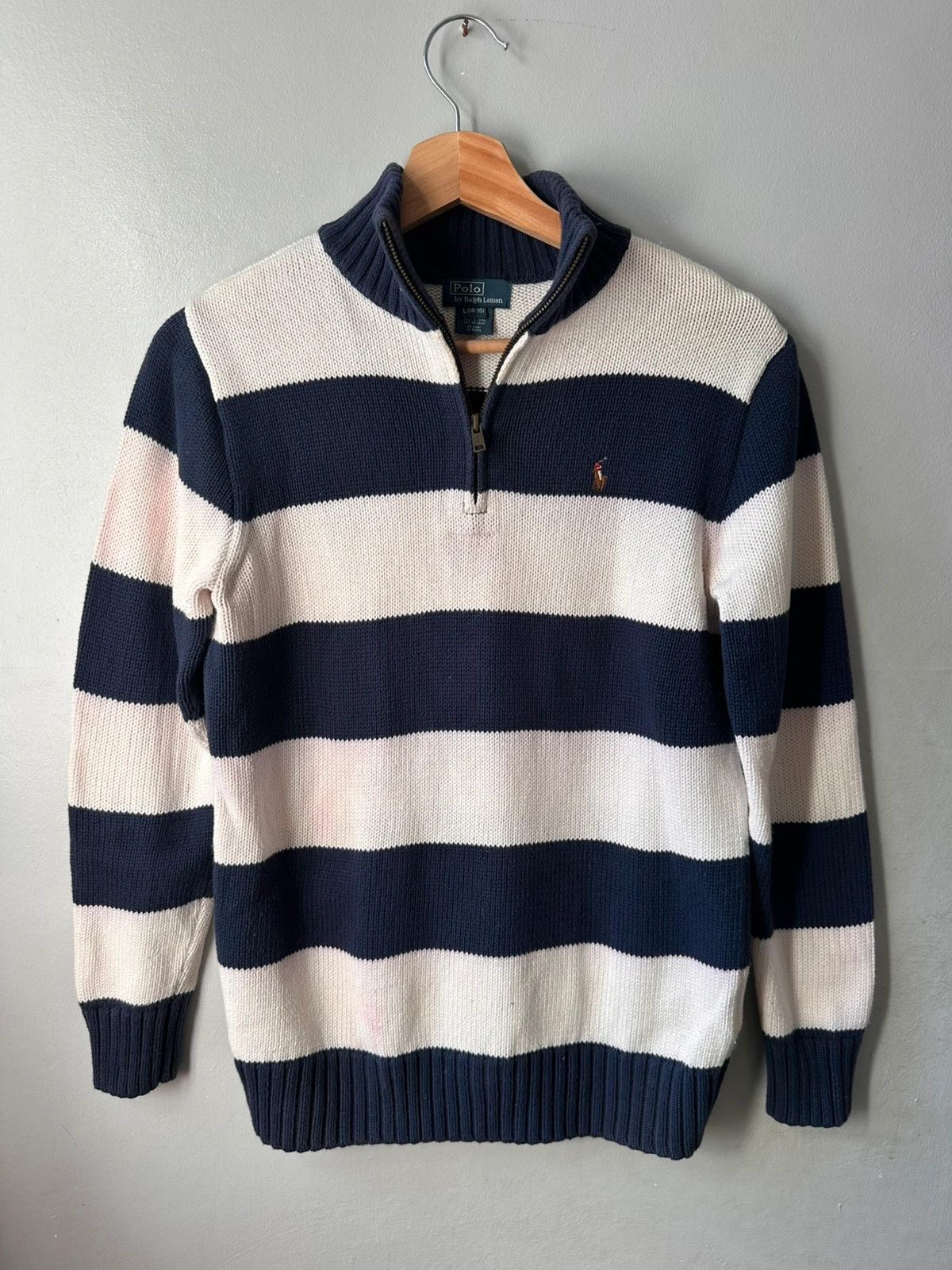 Polo Ralph Lauren Navy Cream Stripe Quarter Zip Jumper L 14-16 Knit Sweater