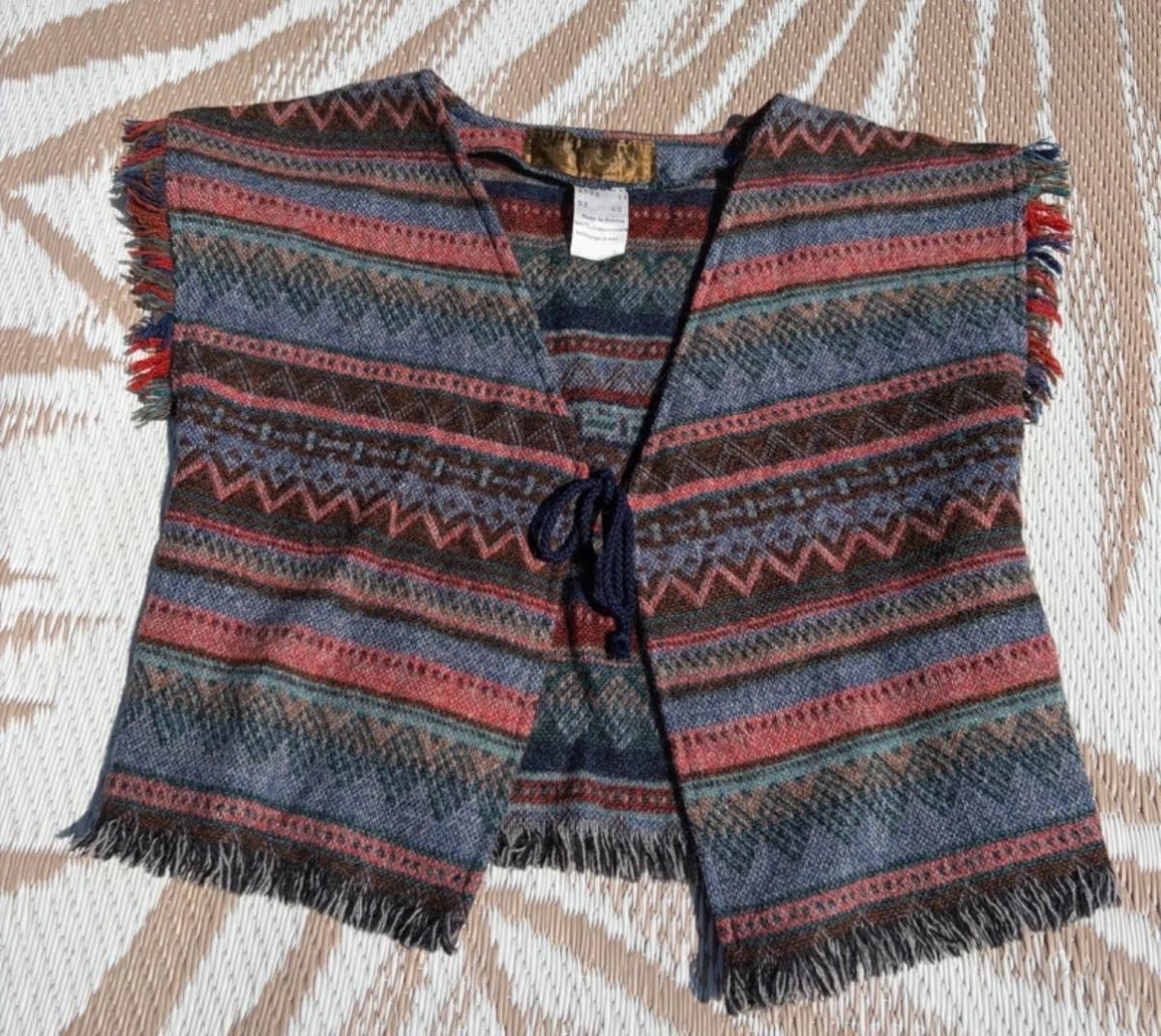 Womens 100% wool gilet, Boho, Y2K,stripped, tie fasten, made in Franc